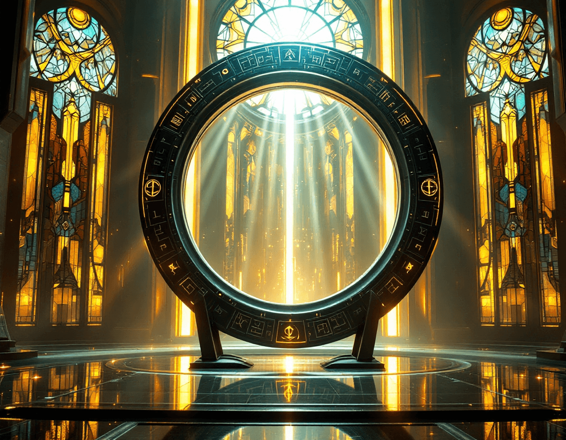 AI generated: A large, circular sci-fi portal ring embedded with glowing glyphs and ancient symbols, standing upri...