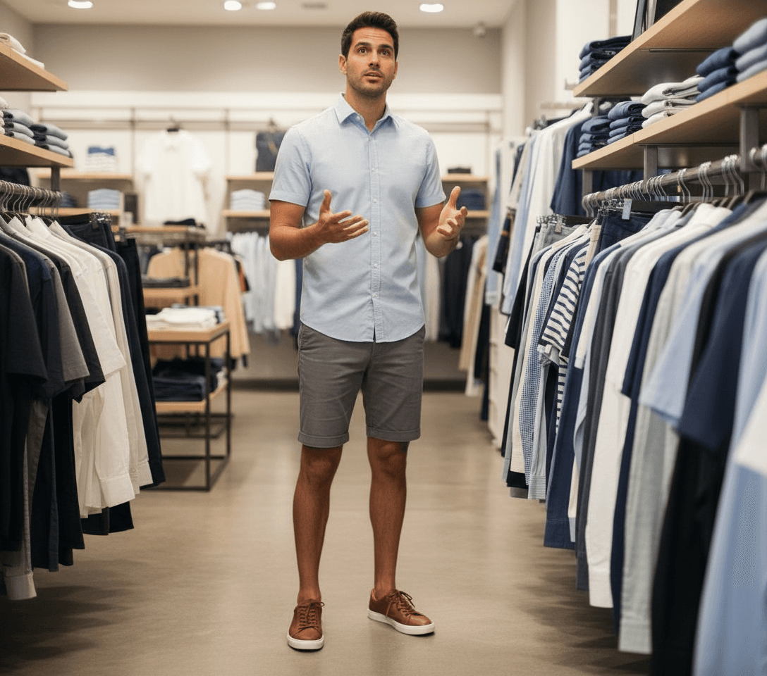 AI generated: The Hispanic male is facing front, looking up, he is expressing conversation with his hands. 