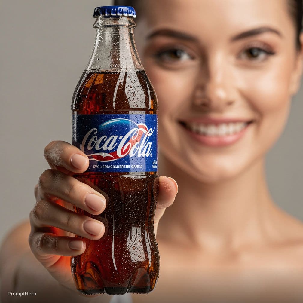 AI generated: generate a hyperrealistic HD image of a woman showing a soda bottle to the camera, which she is hold...