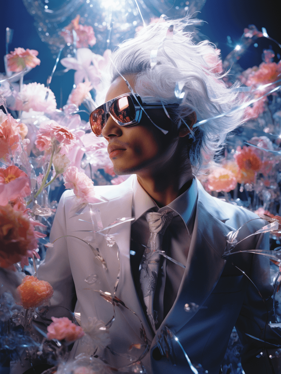AI generated: A man with luminescent hair, wearing a suit embedded with pulsating holographic flowers, dancing at ...