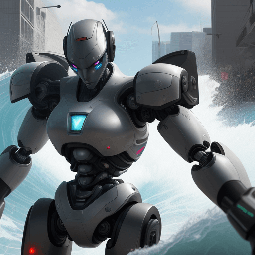 AI generated: futuristic, hyper-realistic, 8k, highly detailed, AI robot fights off surging wave of emails