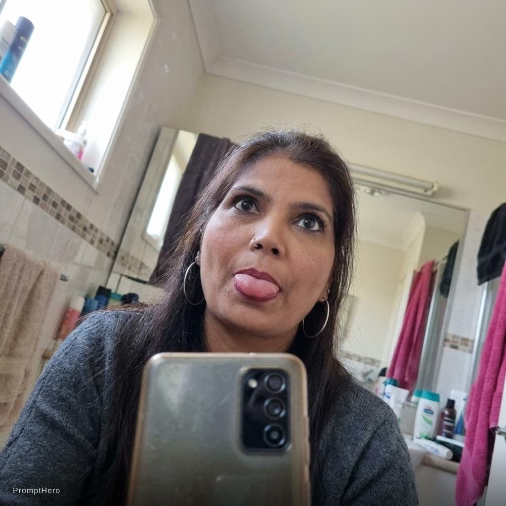AI generated: frontal selfie taking a lower angle selfie goofy style for boyfriend in bathroom sticking tongue out...