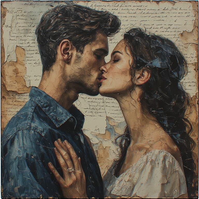 AI generated: Perchance
A romantic mixed-media collage of a couple kissing, layered torn paper textures, handwritt...