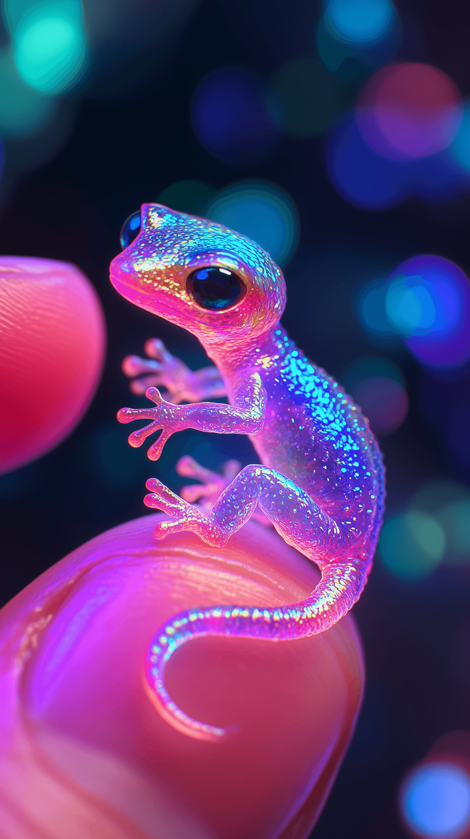 AI generated: A tiny alien gecko with translucent, crystalline skin that refracts light into dazzling rainbow colo...