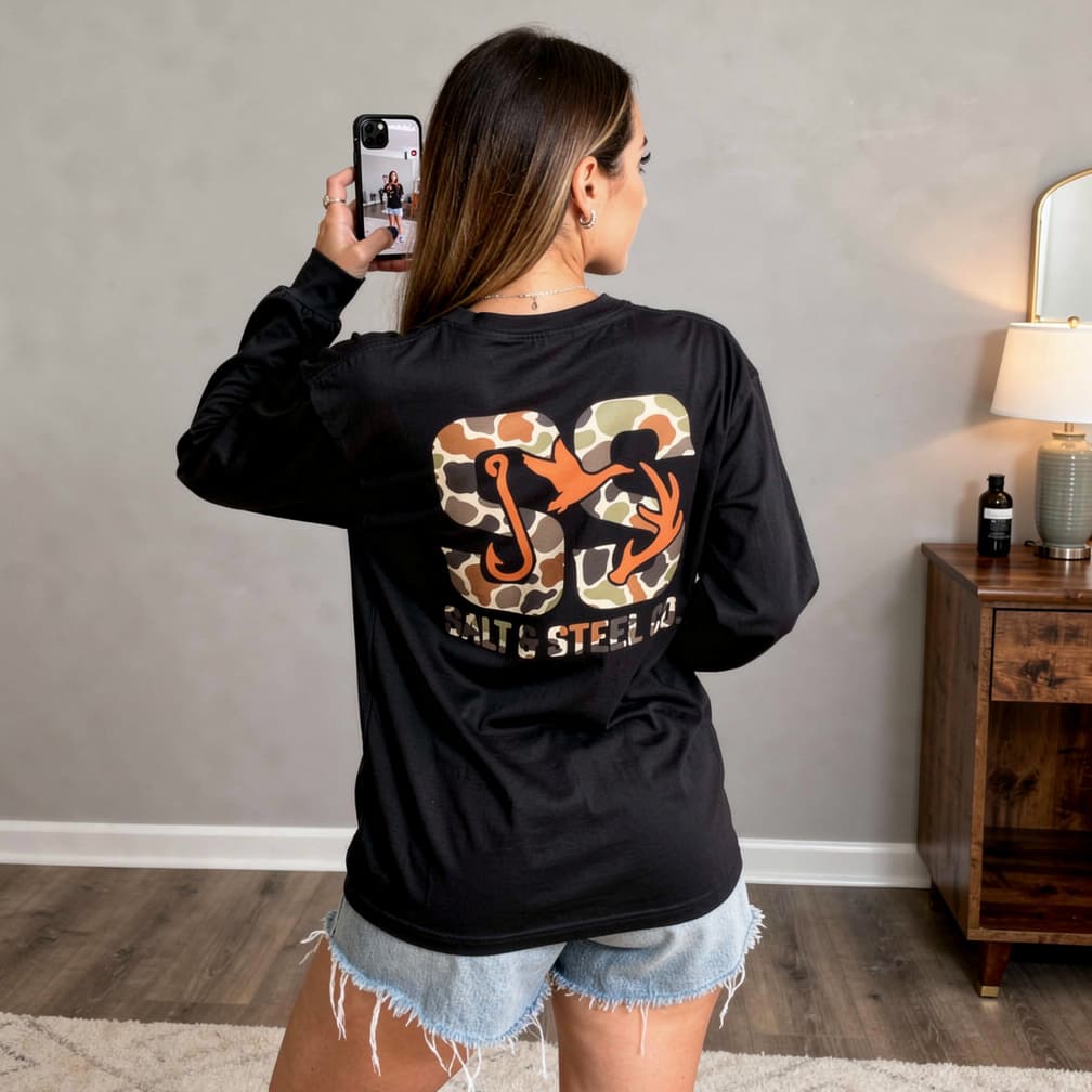 AI generated: tiktok influencer showing off the back of the uploaded long sleeve tshirt