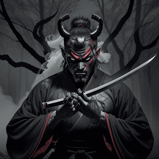 AI generated: A samurai with his demonic mask and his katana loves him, covered in ancient tattoos, coming out of ...
