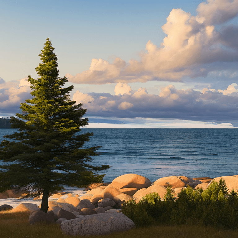 AI generated: photorealistic oil on canvas,
sparse clouds in a soaring sky, 
small blue spruce trees, slightly roc...