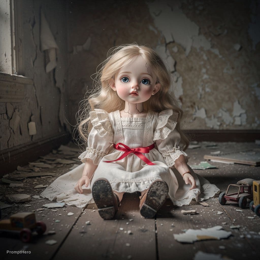 AI generated: A delicate doll with pale, cracked skin and striking blue eyes sits quietly in an aged room. Her blo...