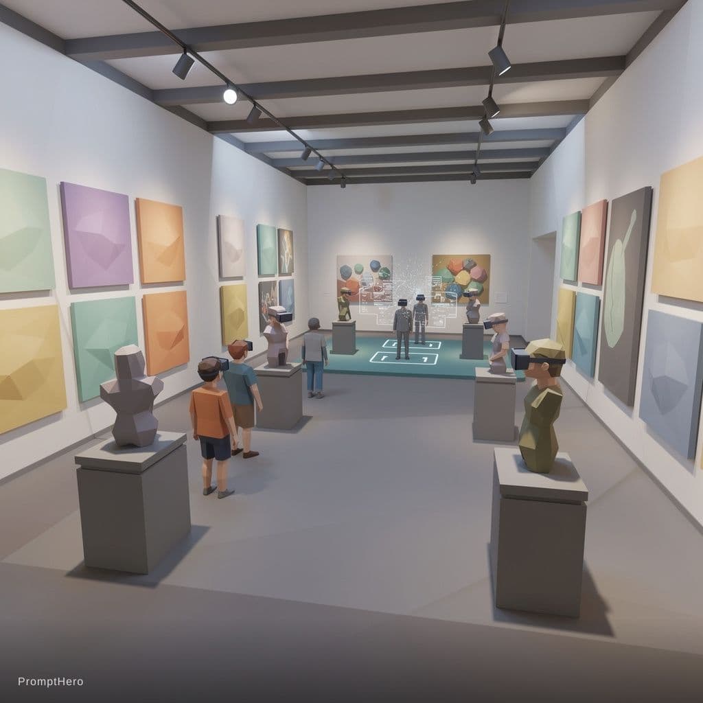 AI generated: A low-poly 3D museum interior with exhibition halls, paintings and sculptures on display. Visitors w...