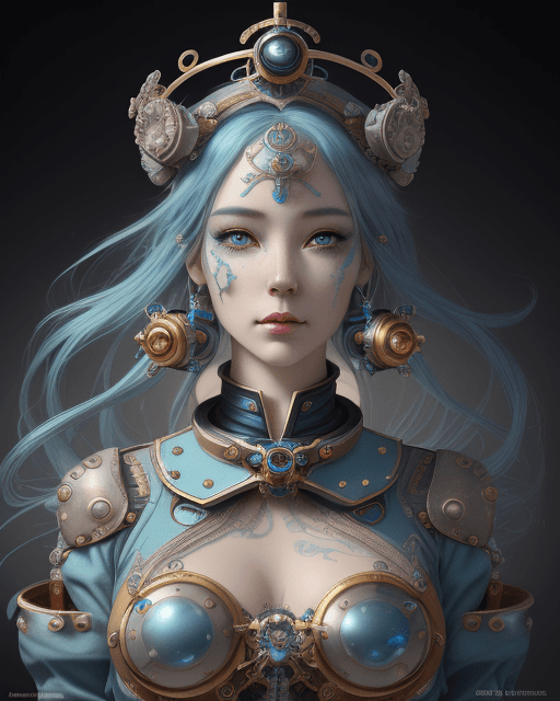 AI generated: a close up of a woman with blue hair, vivid steampunk concept, beautiful gold saint, highly detailed...