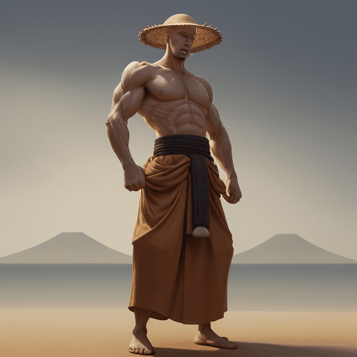 AI generated: Hyper realistic. Battle Monk. Very tall and lean physique. Half-light. Bald. Japanese straw hat. Her...