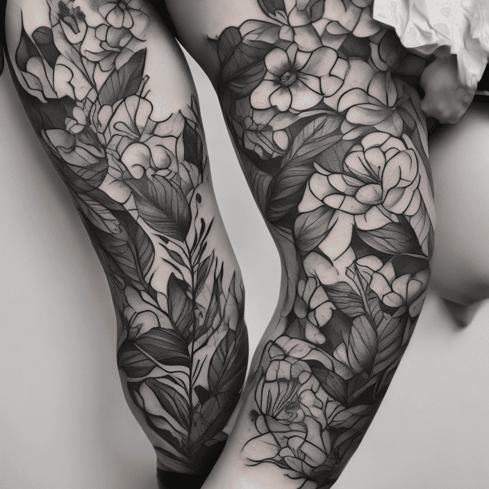 AI generated: Thigh tattoo, flowers, snakes, black and white, leaves with black fill, smooth transitions, floral p...