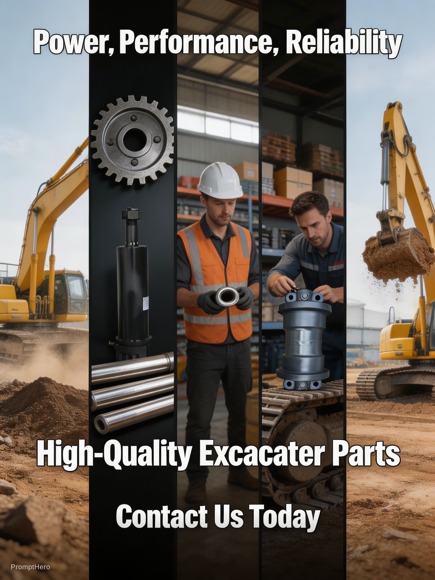 AI generated: Professional cinematic advertisement for excavator spare parts. 
Scene 1: Excavator working on a con...
