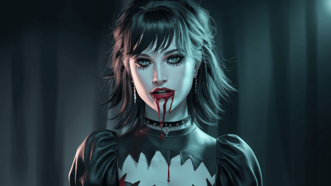 AI generated: a digital illustration of a woman with dark hair and pale skin, wearing a black dress with a choker ...