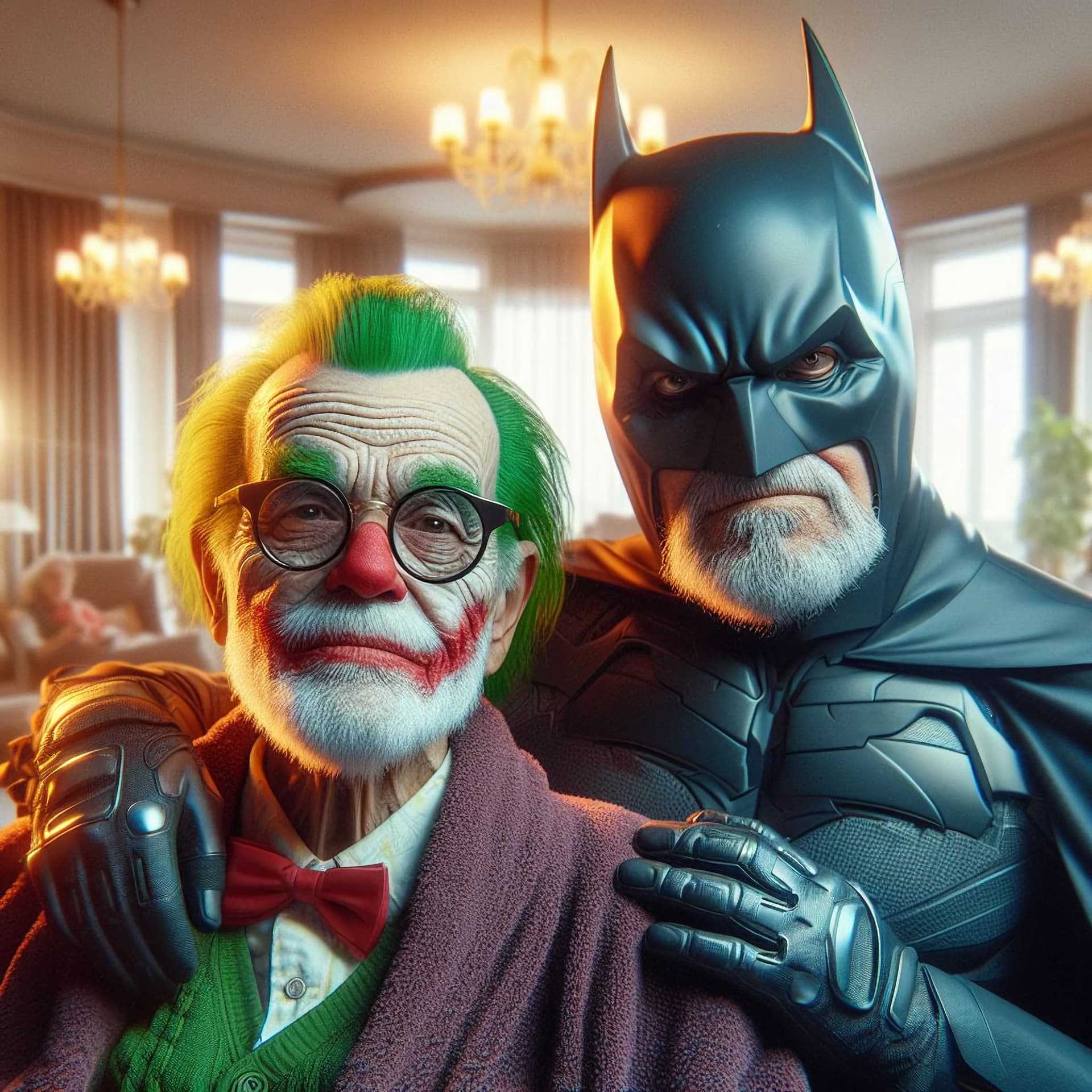 AI generated: the joker and Batman are seniors in a retirement home, very detailed, photorealistic, shiny, dynamic...