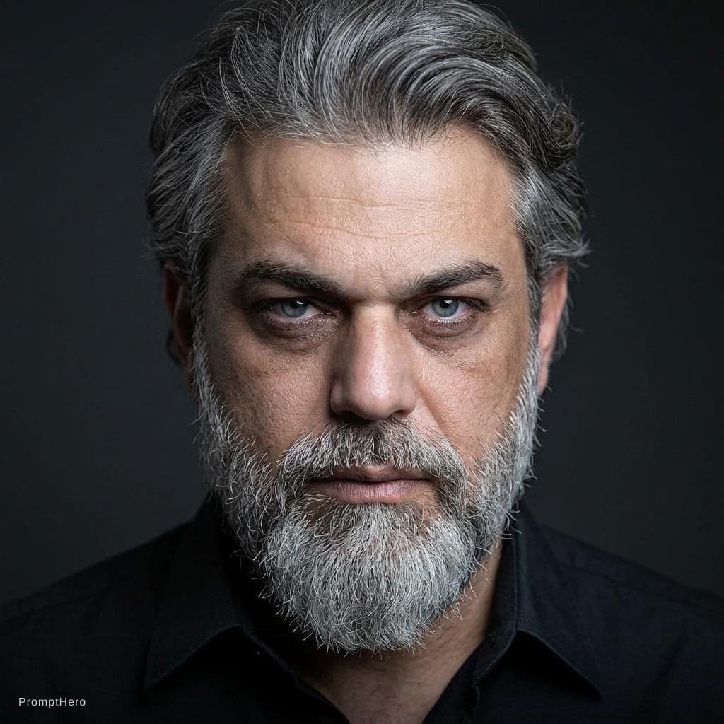 AI generated: Ultra-realistic cinematic close-up portrait of a rugged middle-aged man with salt-and-pepper hair an...