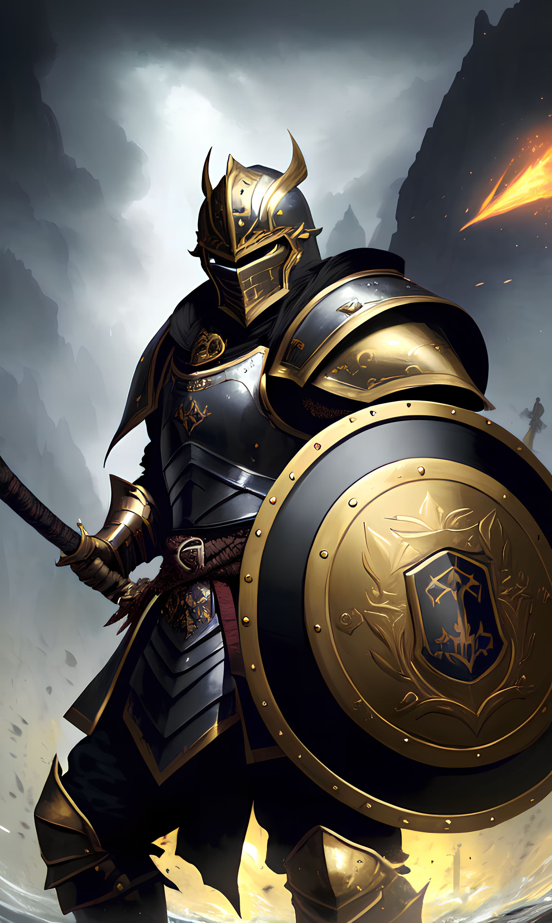 AI generated: photorealistic photo of a young male warrior, black armour plate with golden trim, black helmet, ful...