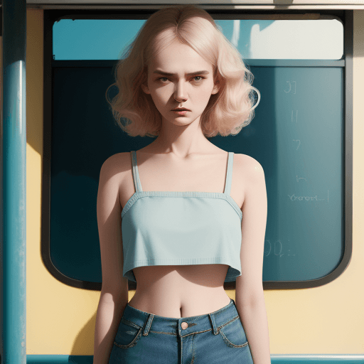 AI generated: a woman wearing a cropped top and jeans standing in front of the bus stop, in the style of Oleg Opri...