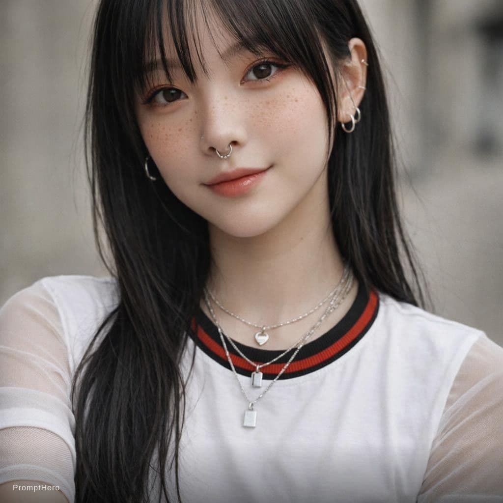 AI generated: upper body portrait of a young woman with a long hair haircut, straight bangs framing the face. Warm...