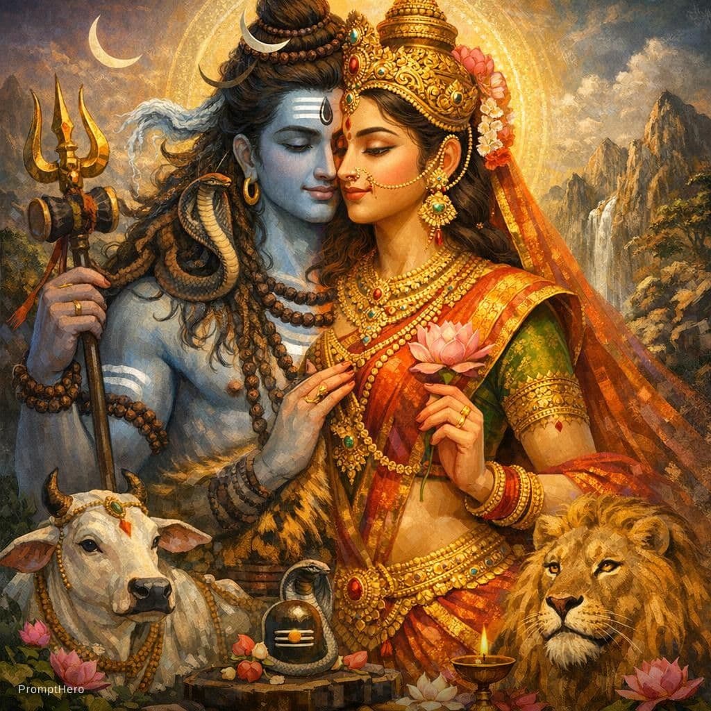 AI generated: Shiv parvati romance arthanaeeswarar 