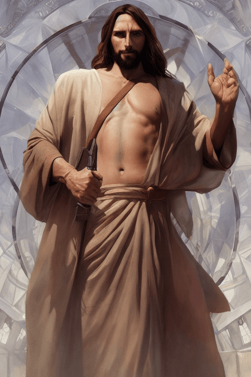 AI generated: jesus christ as an action hero, realistic portrait, symmetrical, highly detailed, digital painting, ...