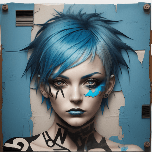 AI generated: woman with blue hair, in the style of multi-layered collages, edgy street art, celebrity-portraits, ...