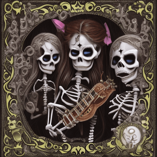 AI generated: UNDEAD DANCING KATRINA WITH MARIACHI SKELETON BAND UNDEAD KITTENS AND CATS CEMETERY DARK HORROR TOMB