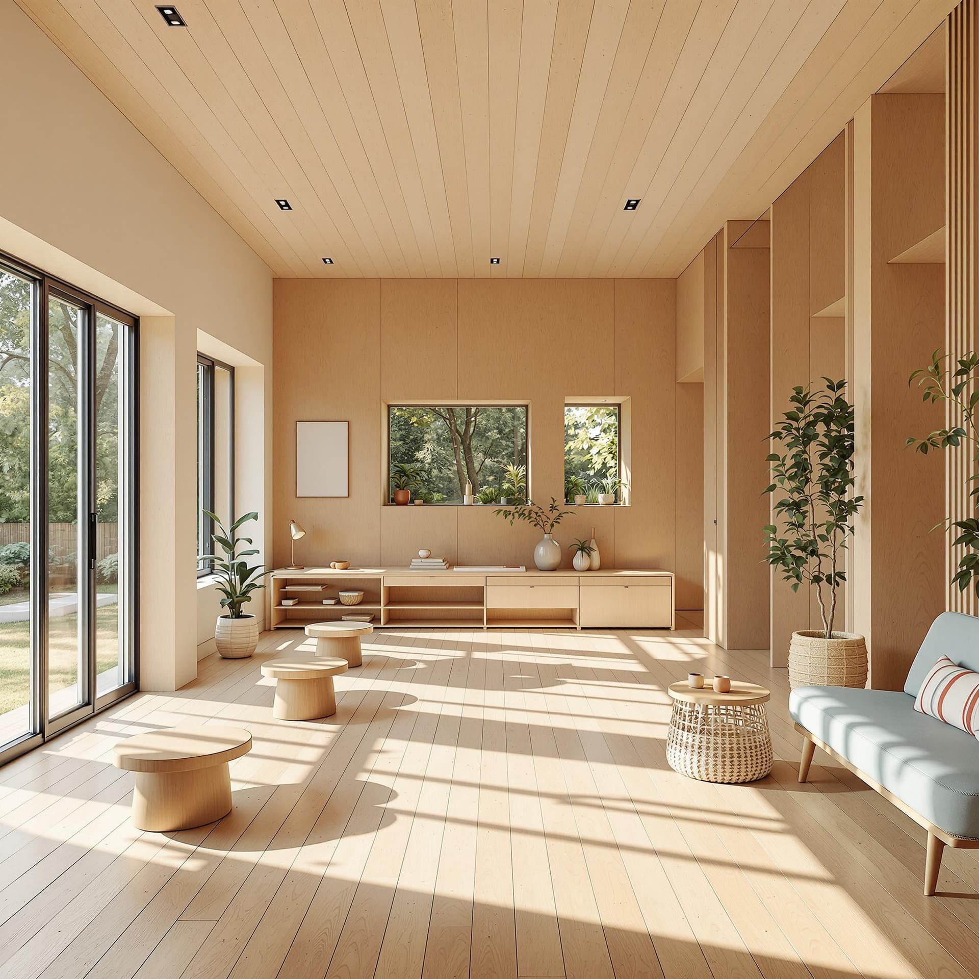 AI generated: High resolution photography exterior school design, dreamy sunken wooden floor, small windows openin...