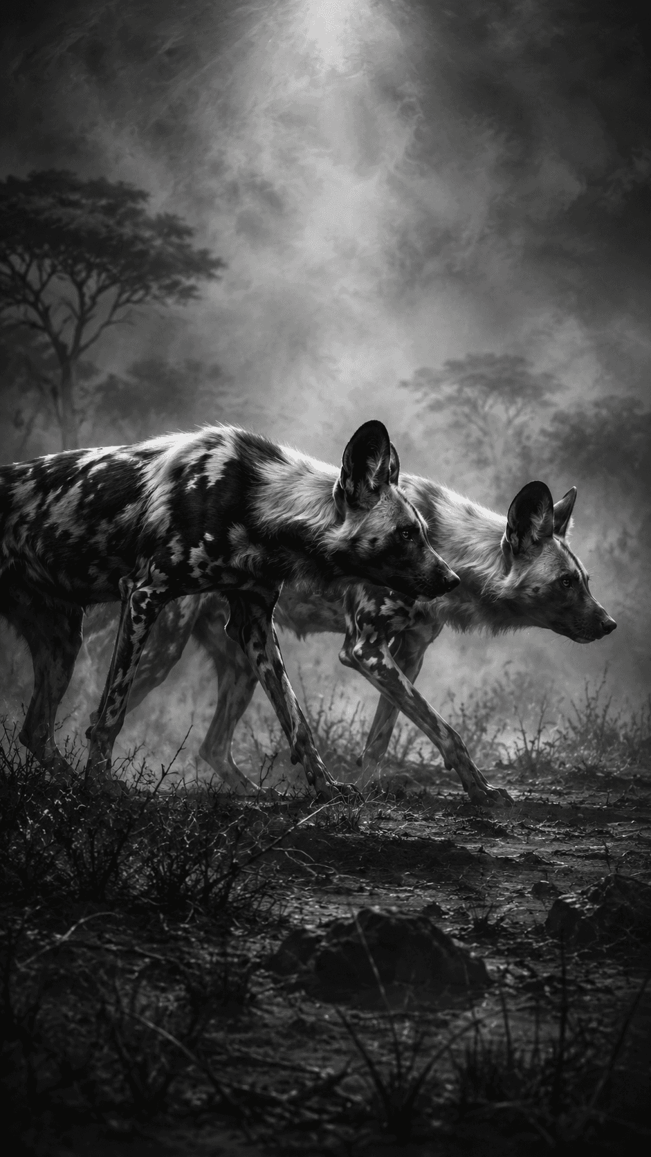 AI generated: Two African wild dogs (Lycaon pictus) prowling through the savanna, both alert and intensely focused...
