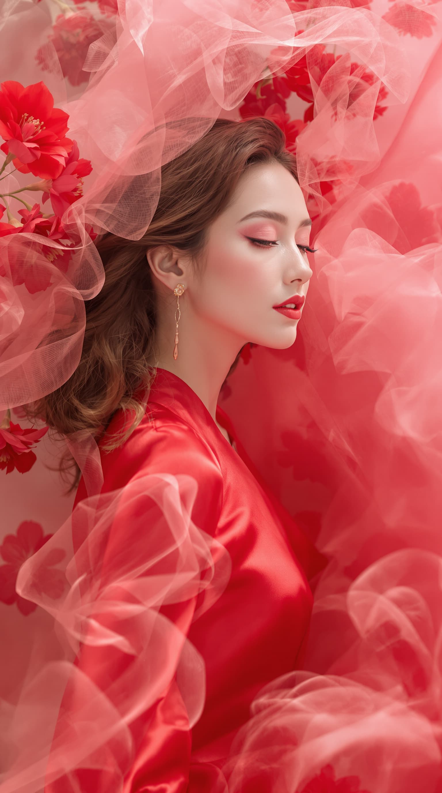 AI generated: "Fine art photograph. Refined, features, graceful and elegant, amidst swirling mist. Crisp red silk ...