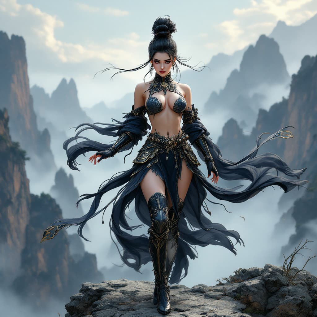 AI generated: Anime warrior lady, her black hair in intricate updo, she’s wearing seductive Chinese armor, knee hi...