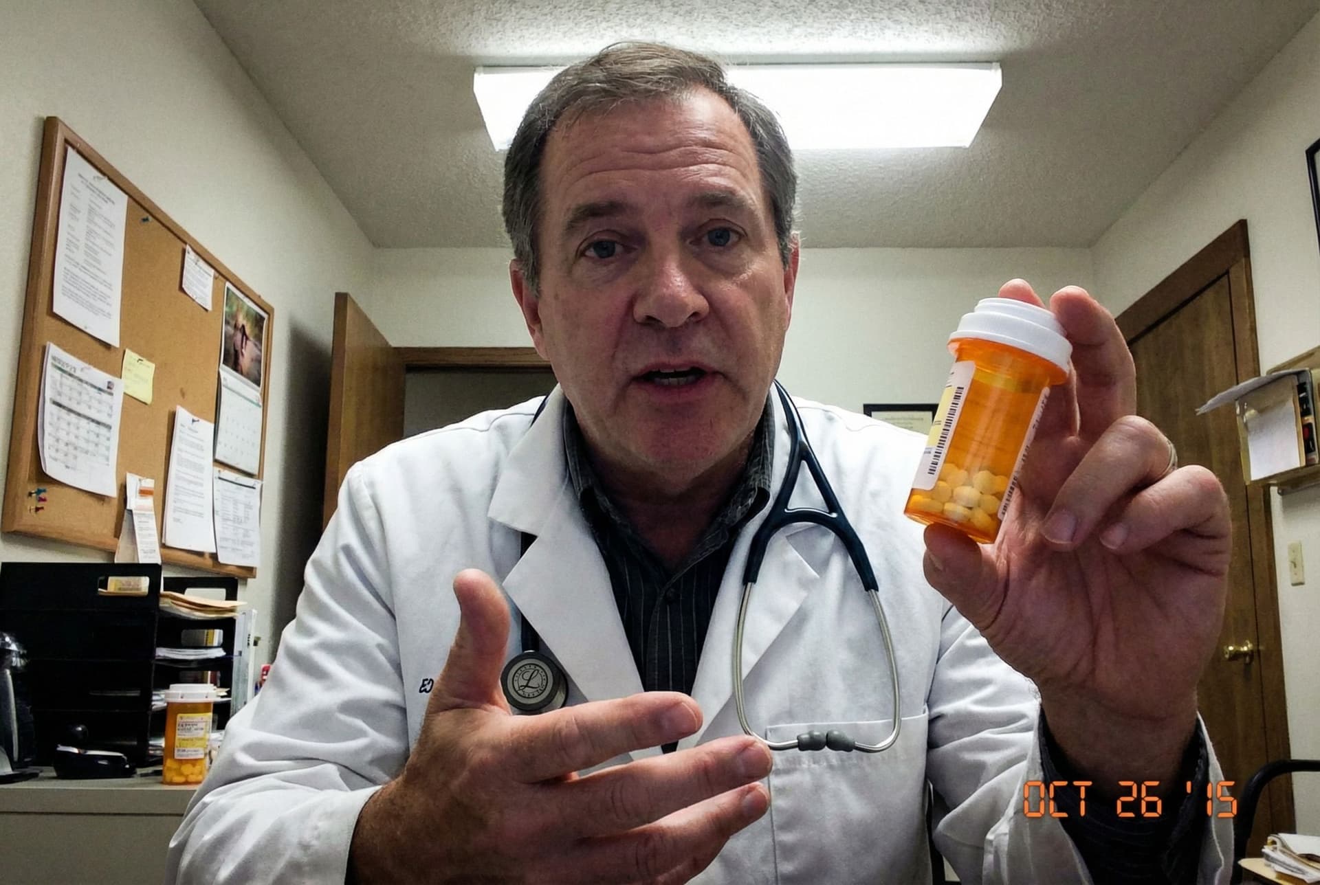 AI generated: Create a doctor who is holding pills and talking to the camera. The photo should be as realistic as ...