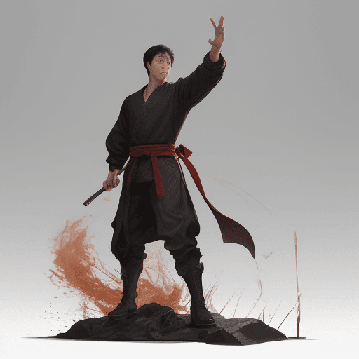AI generated: A young man stands tall and strong like Jet Li and Jackie Chan mythology, a stick is horizontal rath...