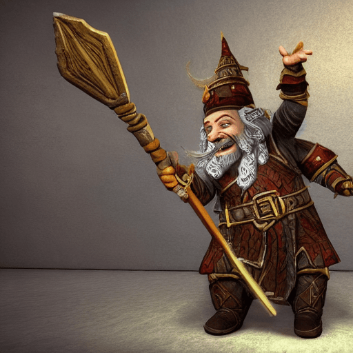 AI generated: photorealistic, full figure smiling dwarf dressed as a necromancer, a staff in his hand