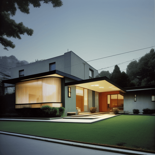 AI generated: Hyper realistic eye level exterior photo of a mid century modern style house in gilan of iran  dayli...