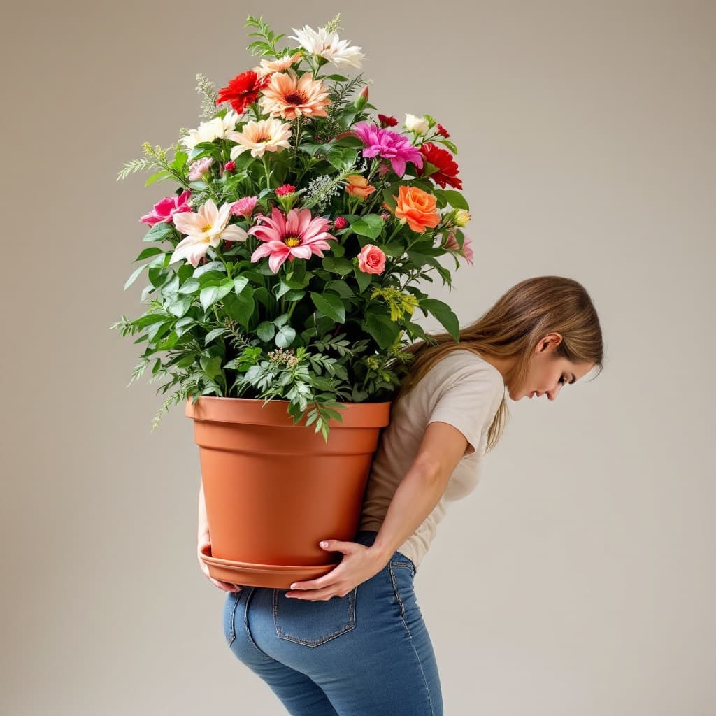 AI generated: A photo model bending over with a large pot flower placed on her back. Thumbs up! It's Christmas