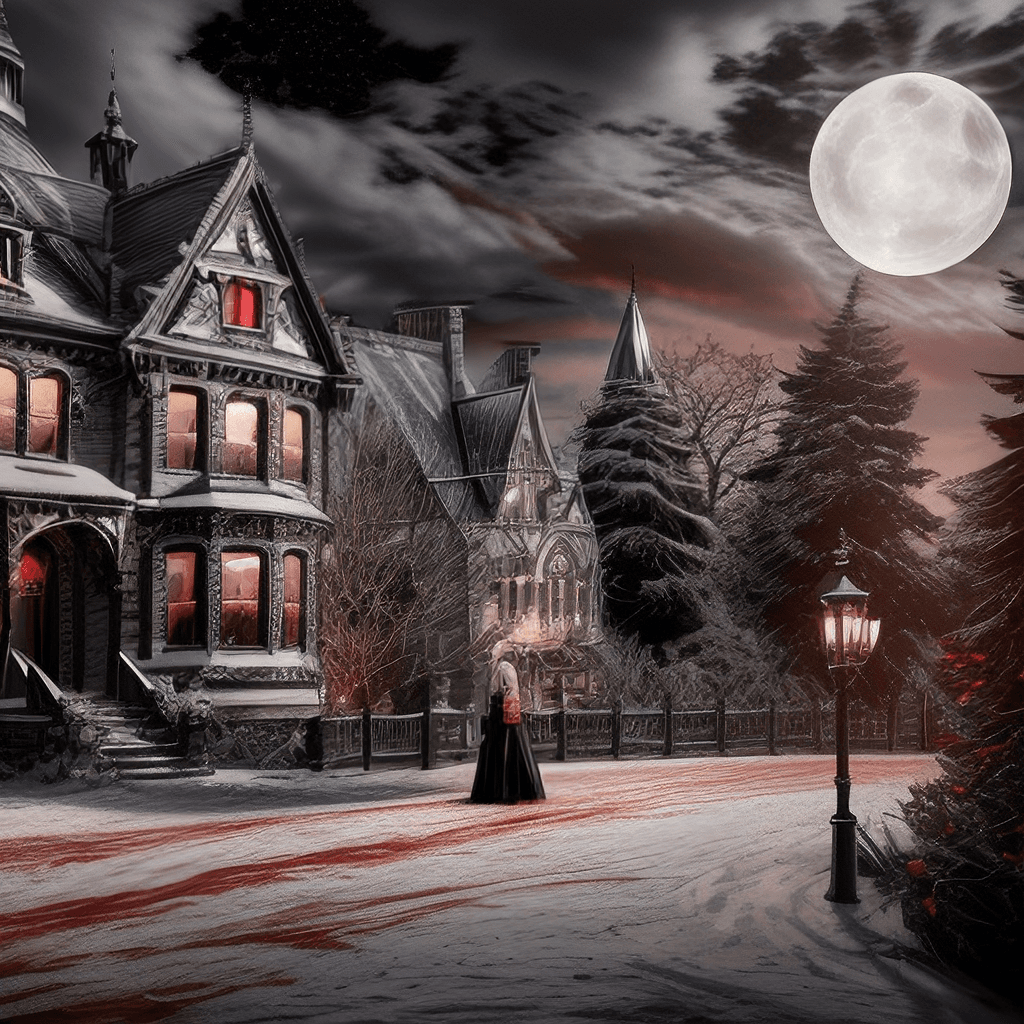 AI generated: beautiful vampire woman walking through a victorian city in winter, ((night time)), ((action scene))...