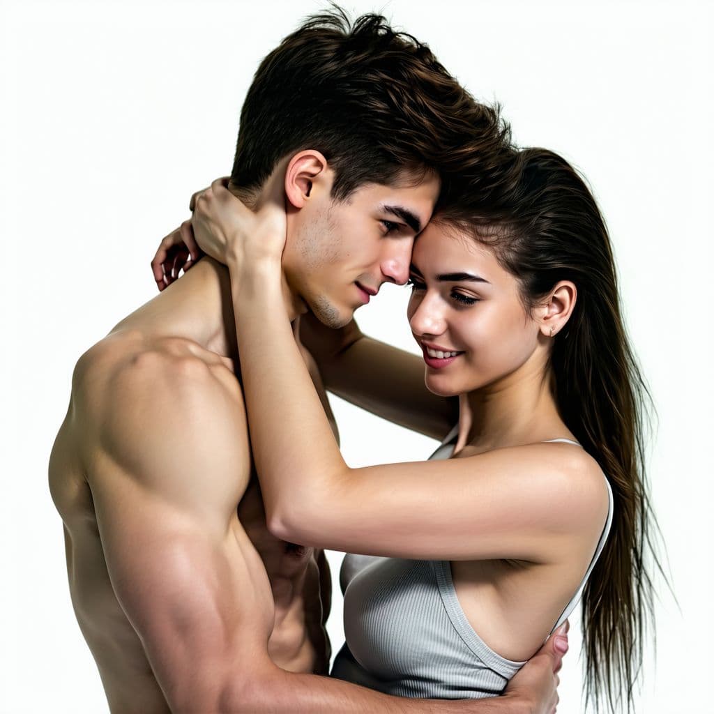 AI generated: Two young, attractive man and woman, embracing extremely tightly, holding each other very close, int...