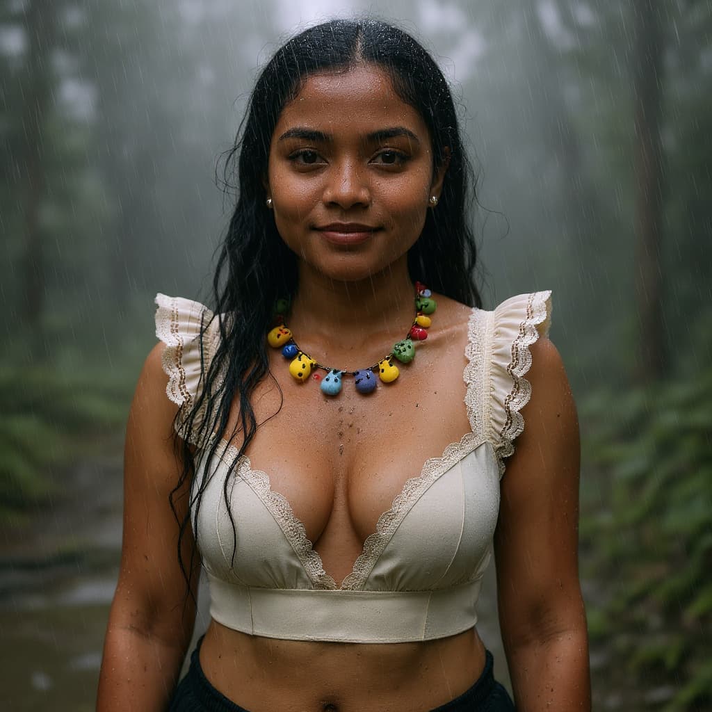 AI generated: Generate a rainy photograph of an 21 year old cute Papuan New Guinean indigenuous female with many t...