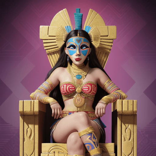 AI generated: A Maya-themed character with a geometric mask and a radiant, patterned backdrop sits on a throne, ex...