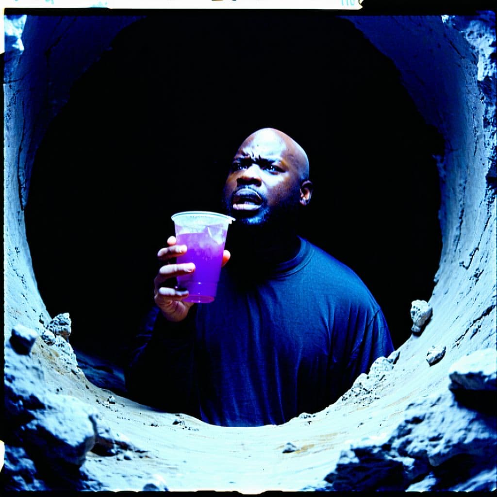 AI generated: grainy 80's photograph quality polaroid of big fat bald neurotic fearful black man floating into a b...