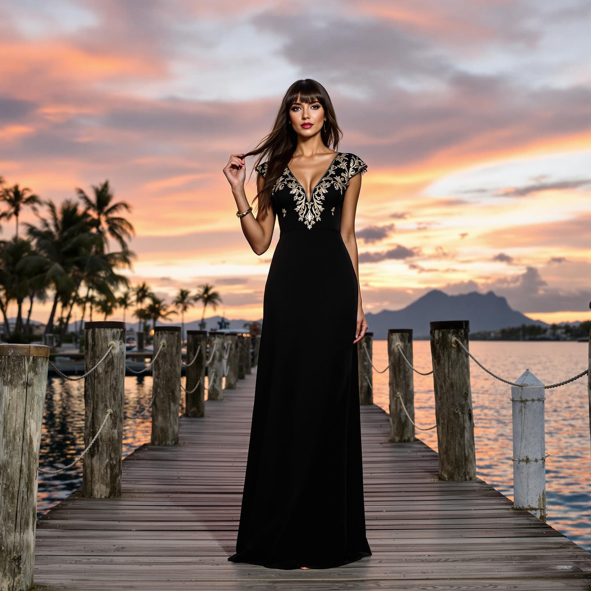 AI generated: A woman stands confidently on a wooden dock at sunset, wearing a deep black opaque full-length dress...