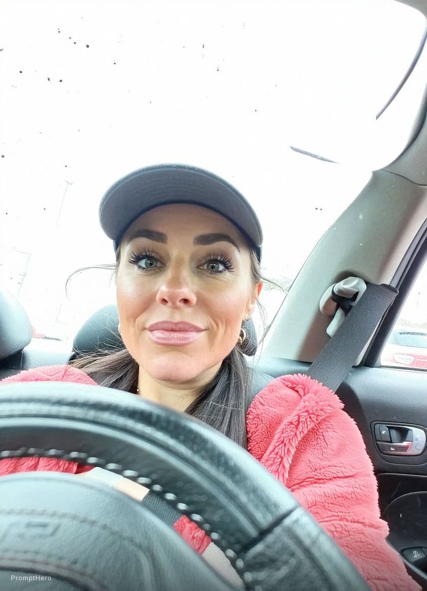 AI generated: this woman, but inside the car in the driver's seat, recording herself in selfie mode