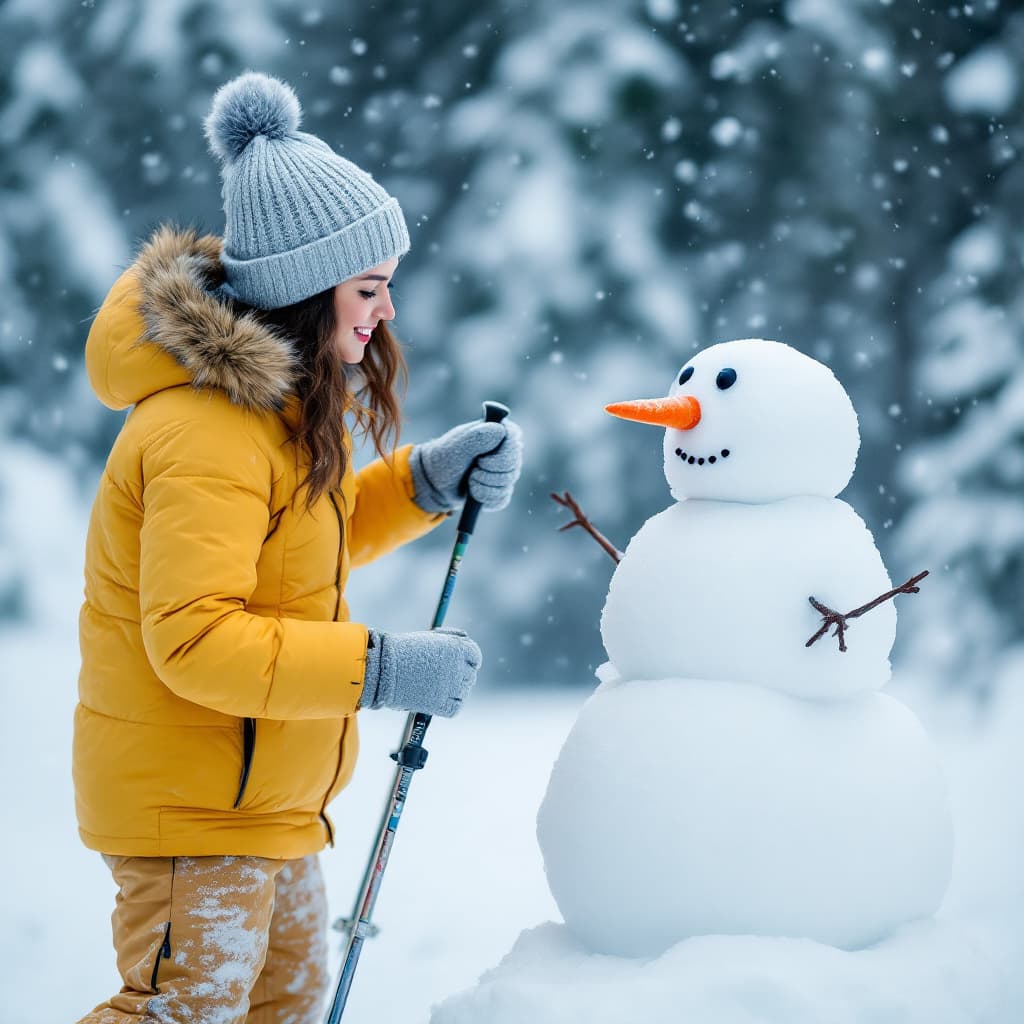 AI generated: winter, snowing,Winter scene with a woman in a yellow insulated jacket and snow pants, gray gloves, ...