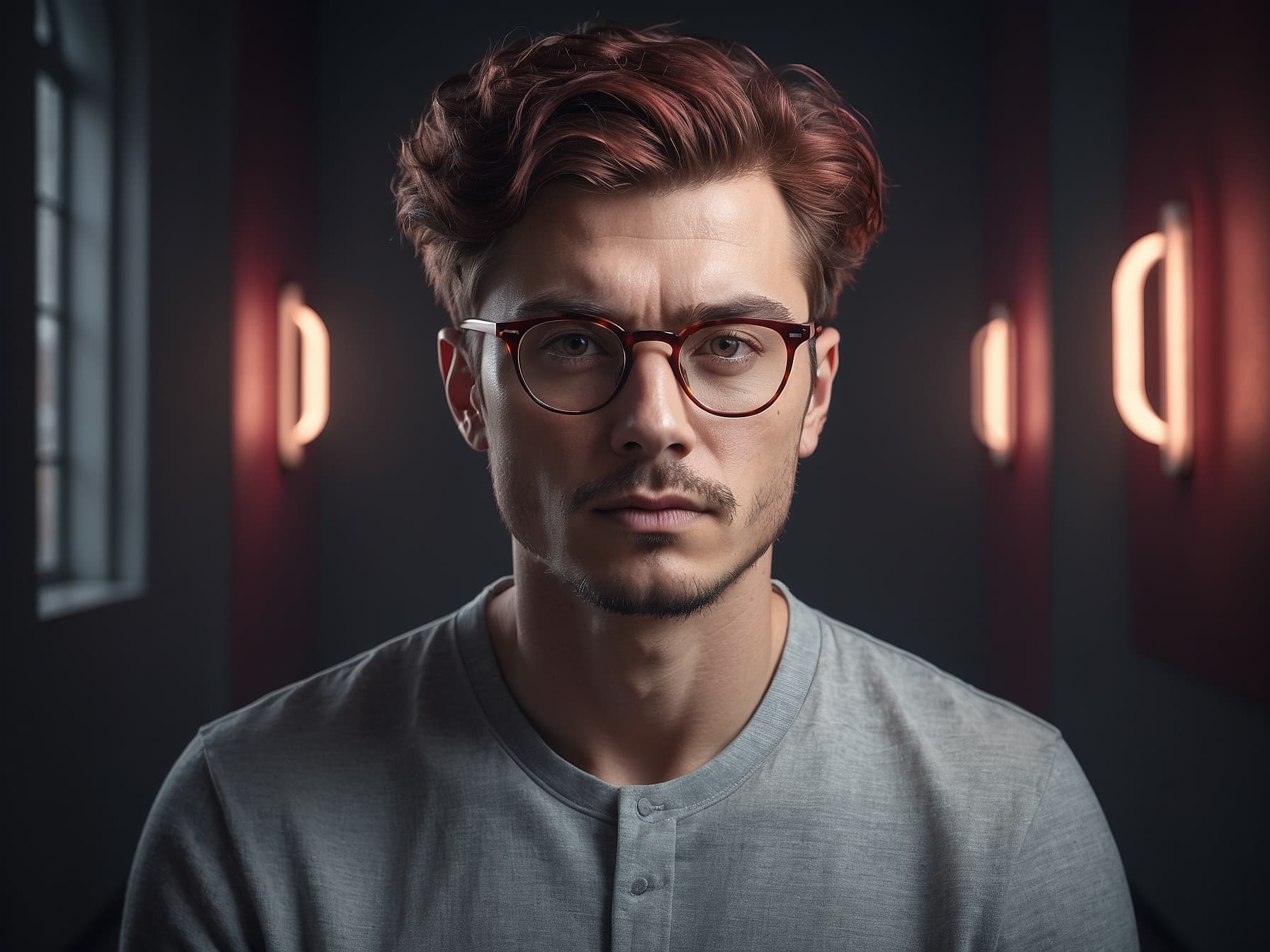 AI generated: a man wearing glasses in a dark room, a character portrait by Christian Hilfgott Brand, featured on ...