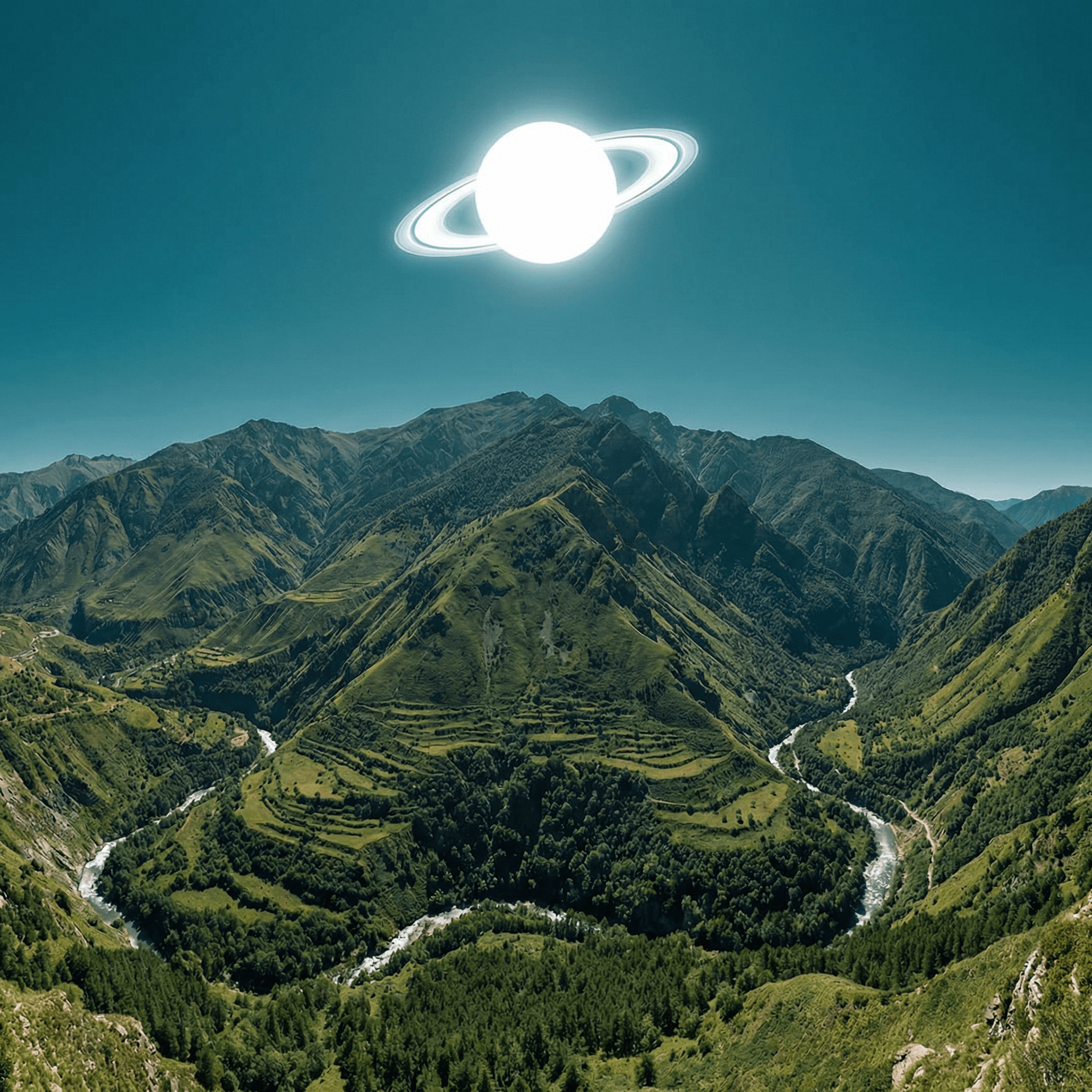 AI generated: a scenic landscape with valleys and really tall mountains covered in lush green but the sky has a mo...