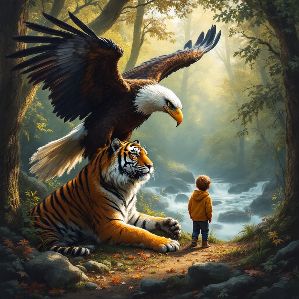 AI generated: Eagle and tiger and son in forest 