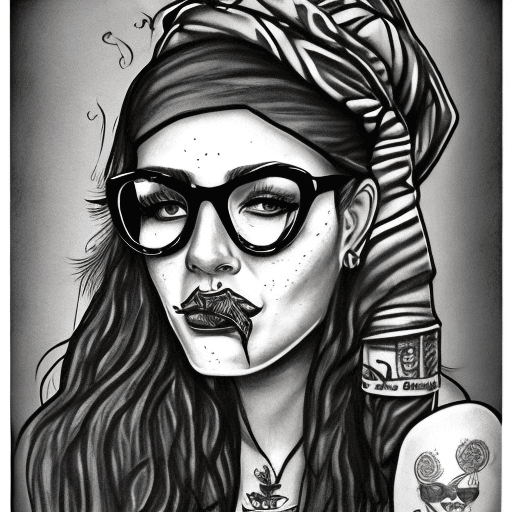 AI generated: detailed black and white drawing of an attractive woman with freckles, wearing large round glasses, ...