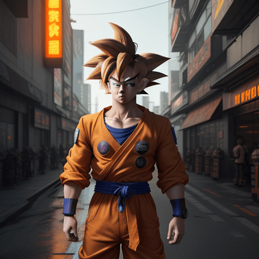 AI generated: Goku, chestnut, tan version, cyberpunk, exterior, street, vivid yellow, hyperrealism, photorealistic...