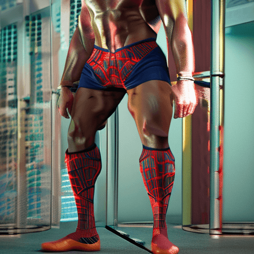 AI generated: Body builder asthetic muscular tattooed spiderman, dressed in open front fitted robes, wearing fitte...